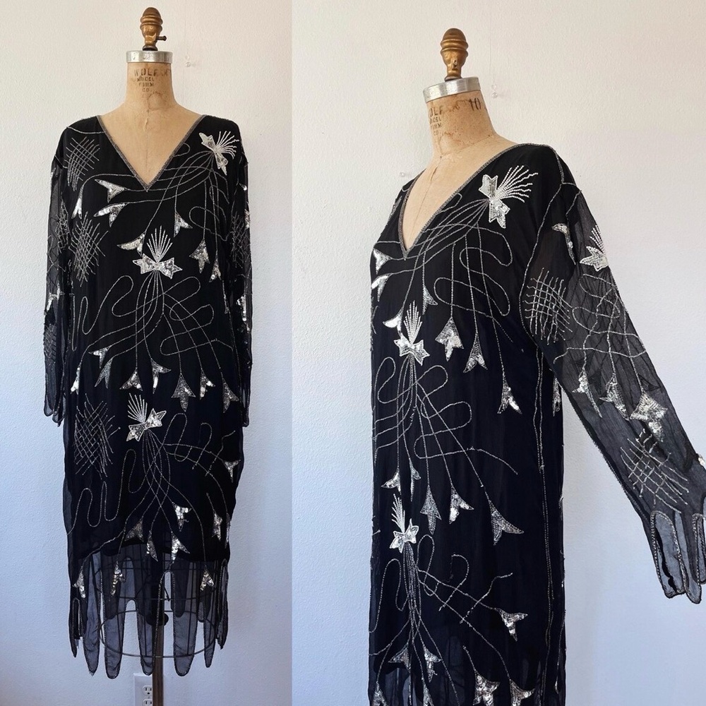 Vintage 70s Black Silk Beaded Dress | Art Deco Sequin Dress Festival Coachella